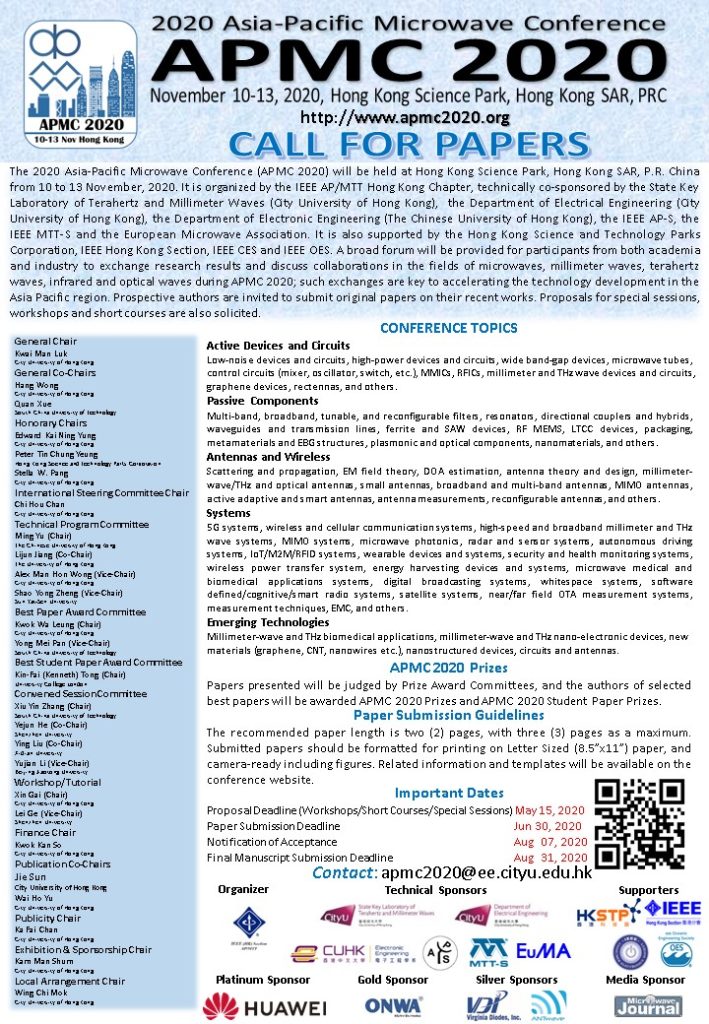 Call for Papers 2020 AsiaPacific Microwave Conference IEEE Hong